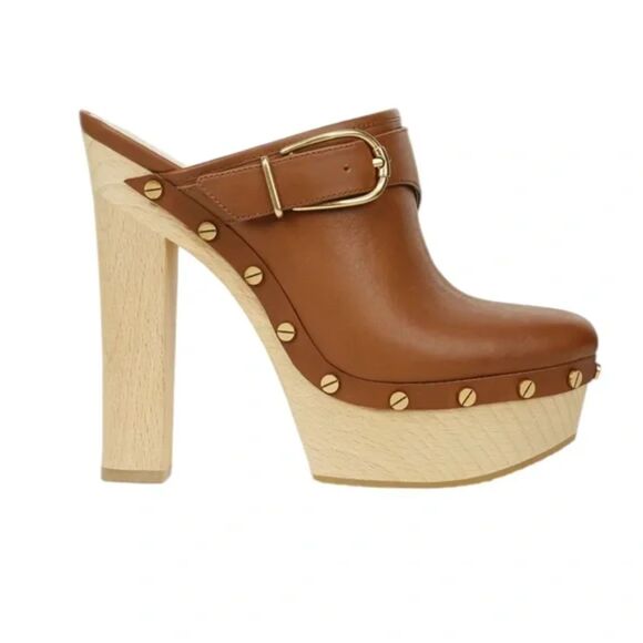 Veronica Beard Alek Brown Leather Heeled Buckle Clogs Size 6.5M New - Picture 1 of 9